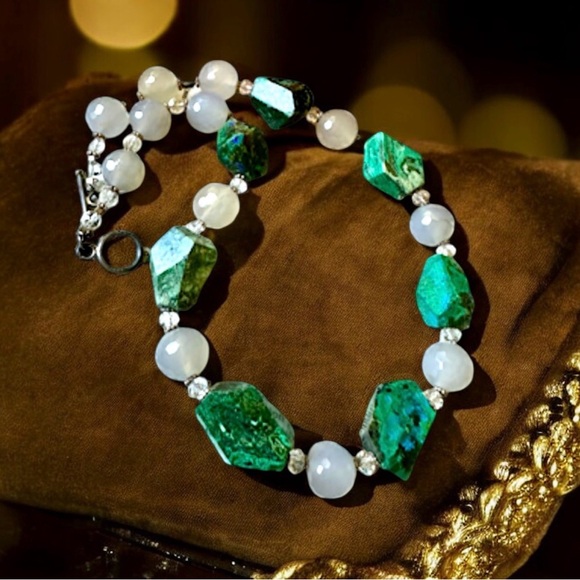 Vintage Azurite Malachite Large Nuggets And Pink Quartz Necklace
